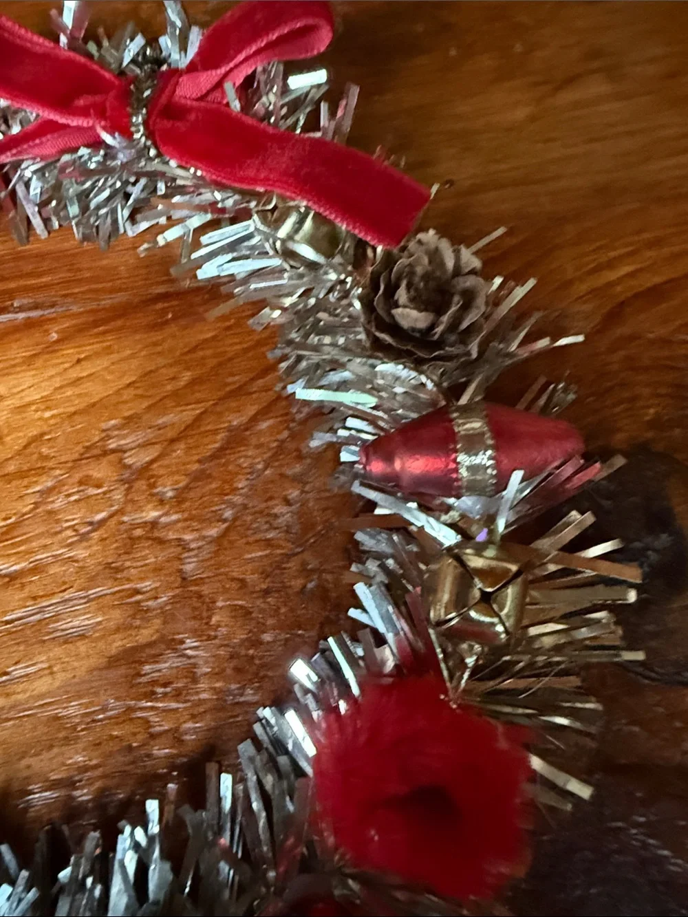 🎄 6” Festive Silver Tinsel Holiday Wreath with Red Bow and Decorative Accents